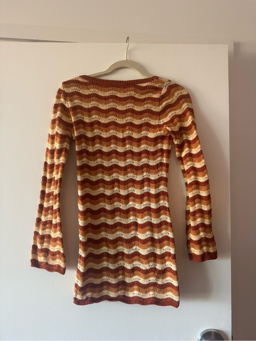 Rhythm Rust & Cream Striped Crochet Long Sleeve Dress / swimsuit coverup